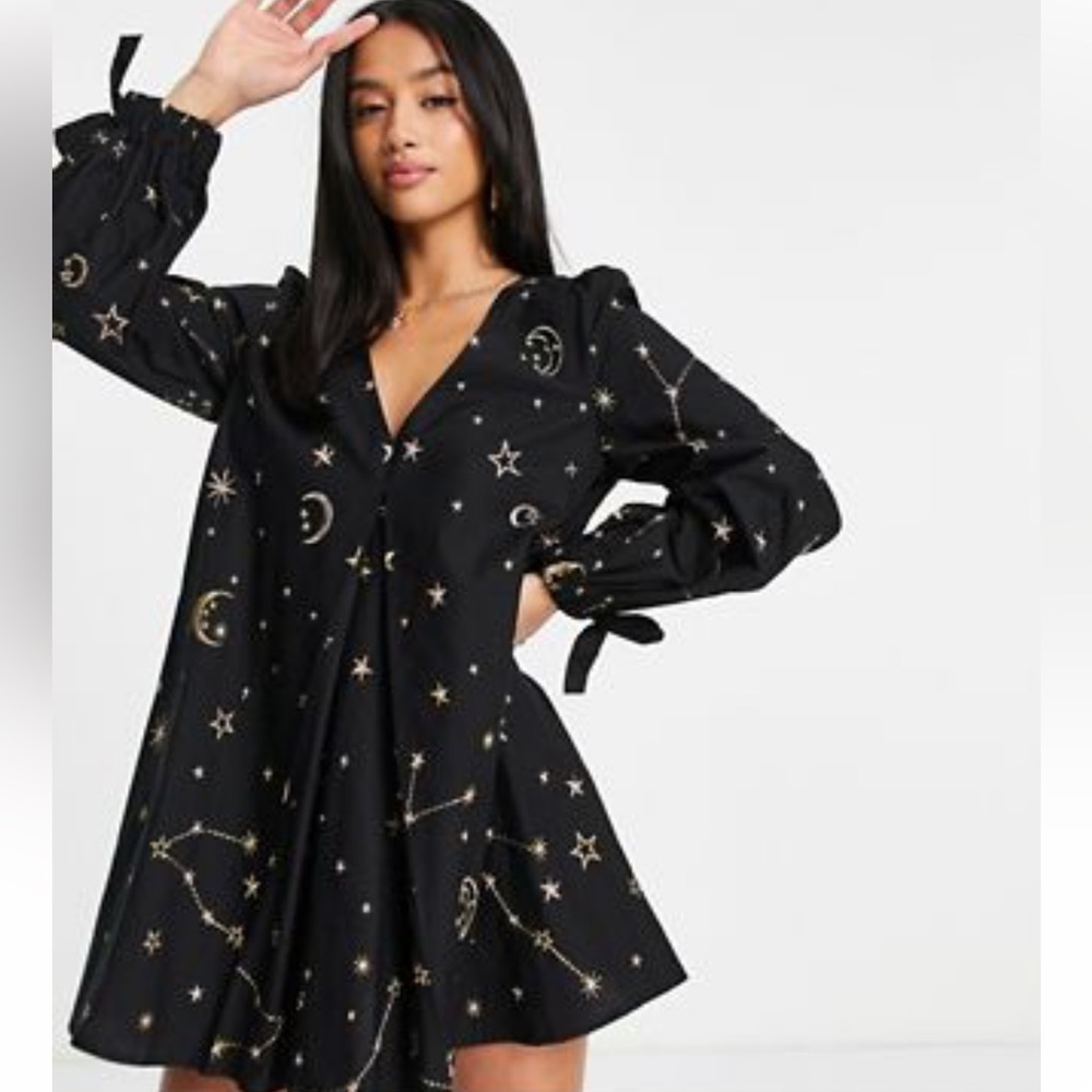 ASOS petite v front v back trapeze mini dress in star and moon embroidery